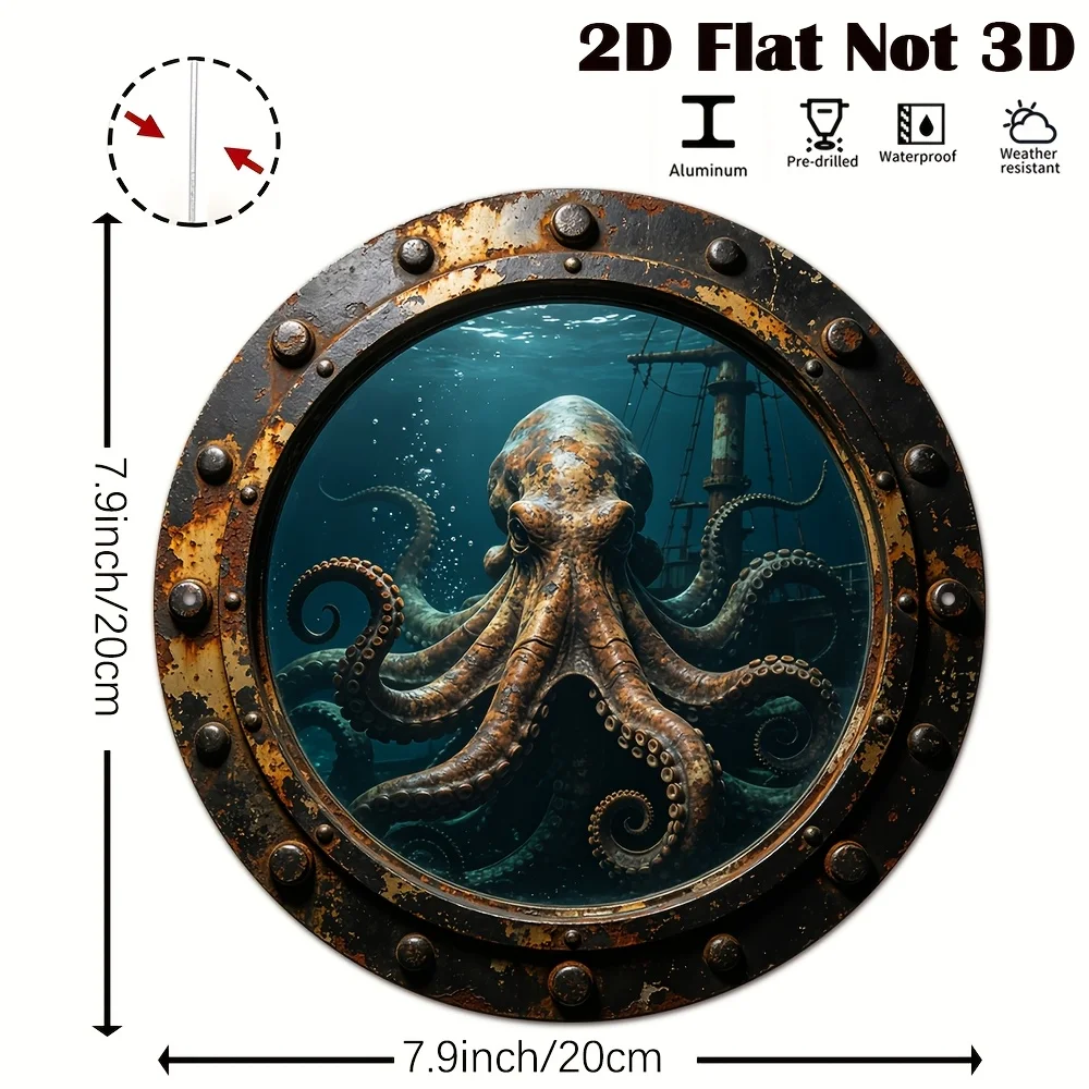 2D Flat, Metal Decor Sign, Rusty Ship Porthole Deep Sea Giant Octopus, Retro Nautical Style Bar/Garage Decor