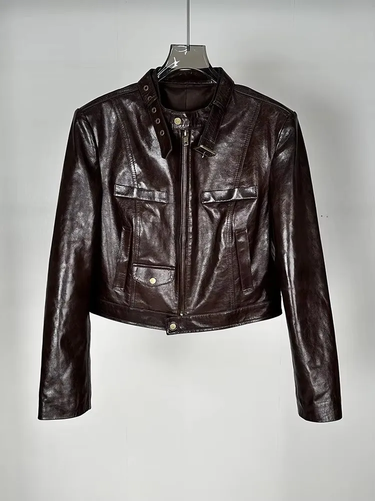 Punk Women Vintage Genuine Leather Jacket Stand Collar Long Sleeve Zipper Motorcycle Short Coat Streetwear Sheepskin Outerwear