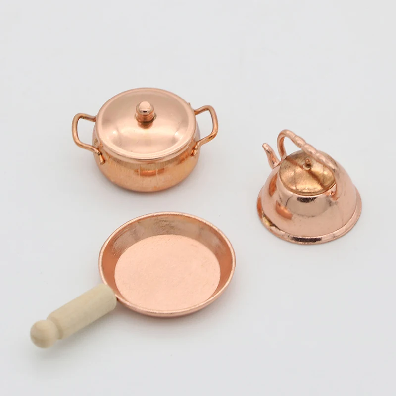 1:12 Dollhouse Miniature Bronze Frying Pan Pot Kettle Cooking Kit