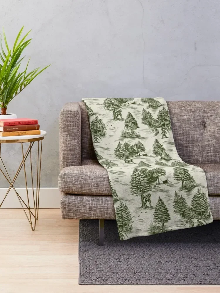 Bigfoot / Sasquatch Toile de Jouy in Forest Green Throw Blanket Bed linens Flannel Fabric Stuffeds For Decorative Sofa Blankets