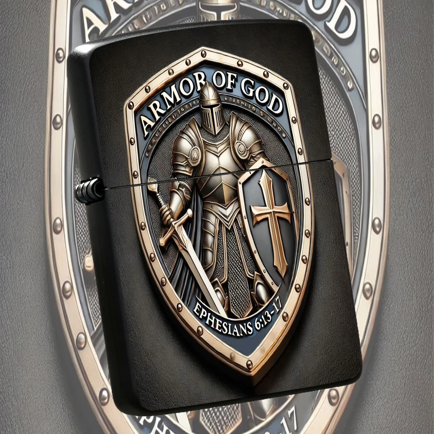 Vintage Armor Of God Themed Windproof Lighter, Ephesians 6:13-17 Embossed Knight Cross Design, Portable Exquisite Accessory For Daily Use Outdoor Gathering Gifting, Practical Unique Present For Faith Believers A Humorous And Interesting Lig