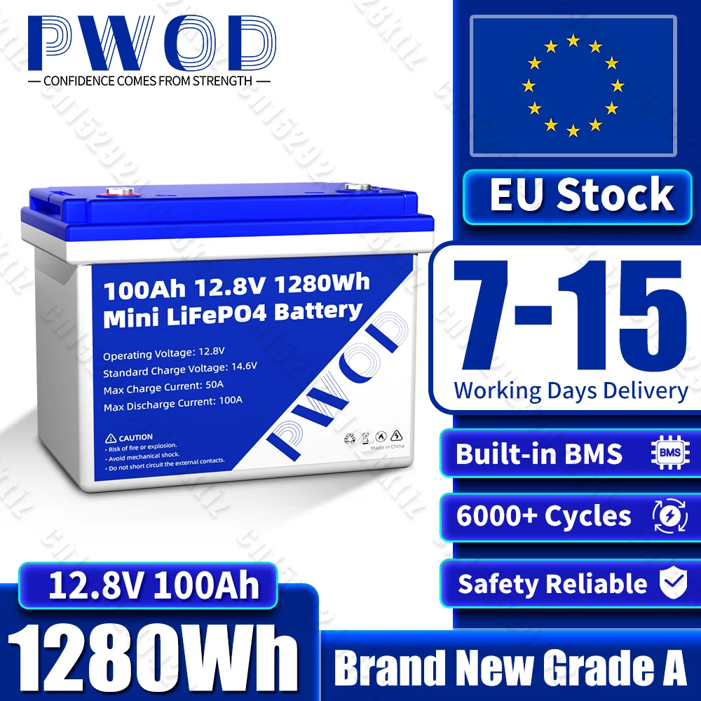 EU-Lager 12V 100Ah LiFePo4-Akku mit BMS Klasse A 6000Cycle Lithium-Eisenphosphat-Akku für Camping,
