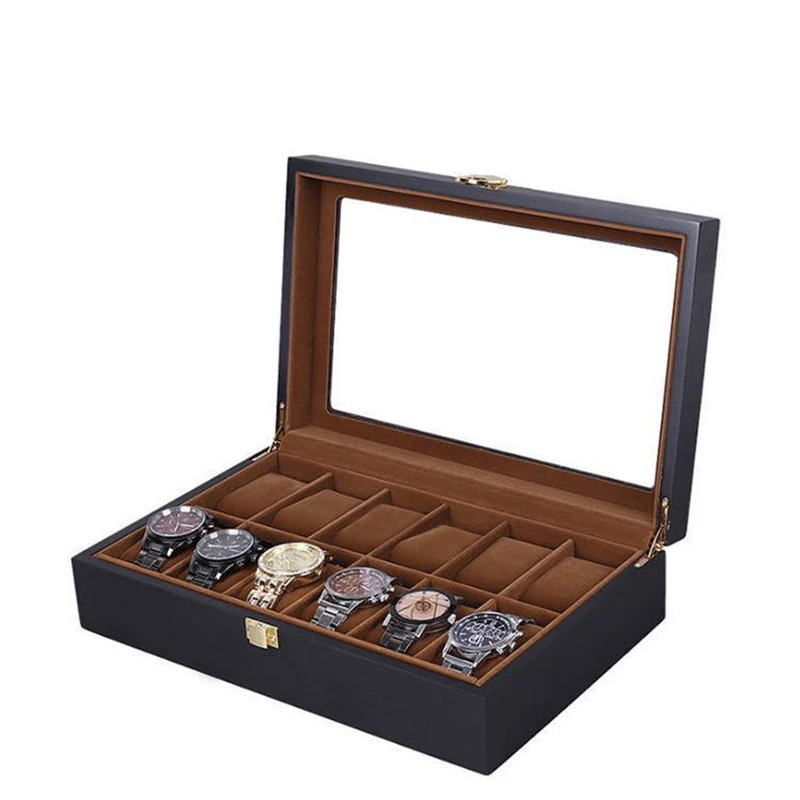 6/10/12 Slots Wood Watch Box Organizer Black Watch Gift Box Case With Glass Window New Mens Watch Holder Watch Collection Box