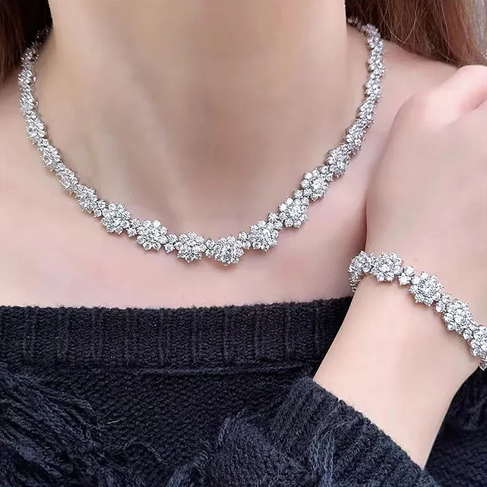 Luxury Flower Moissanite Jewelry Set 925 Sterling Silver Lab Diamond Sunflower Bracelet Necklace for Women Bride Wedding Party