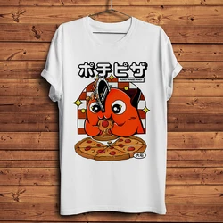 cute Chainsaw Pochita love pizza funny anime T Shirt Men Casual Tshirt Unisex Streetware Tee breathable print