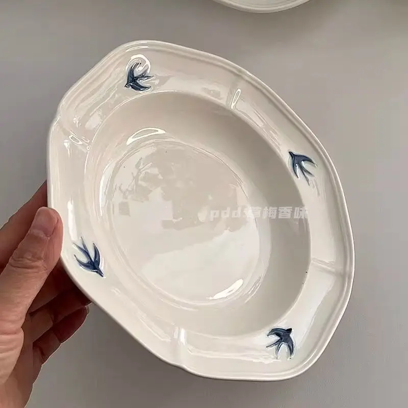 Japanese Instagram Vintage Ceramic Plate Relief Hand Painted Swallow Deep Plate High Beauty Vegetable Salad Dessert Plate