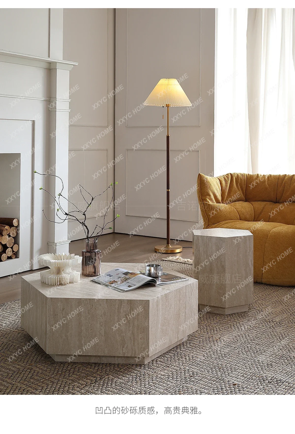 Travertine rock slab slack feeling minimalist feeling quiet wind advanced feeling hexagonal special-shaped coffee table