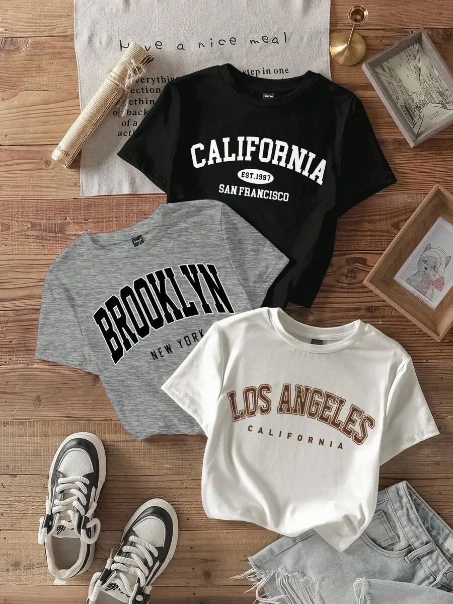 2026 Fashion New 3Pcs Women O-Neck Crop T-Shirt Pack, Retro Brooklyn New York & California Varsity Letter Print, Slim Fit Short Sleeve Vintage Casual Basic Top Tee