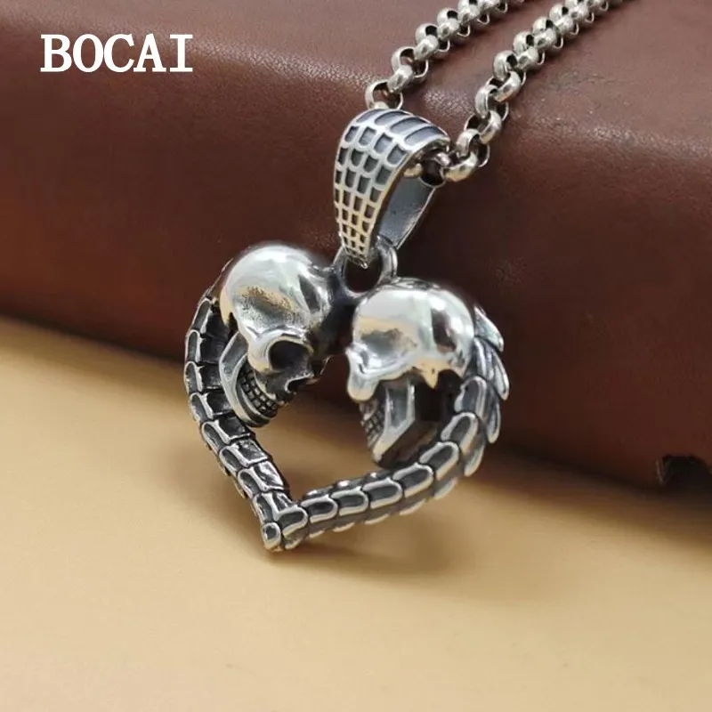 BOCAI New S925 Sterling Silver Street Dark Wave Gothic Double Skull Heart-shaped PendantP Male Valentine's Day Gift.