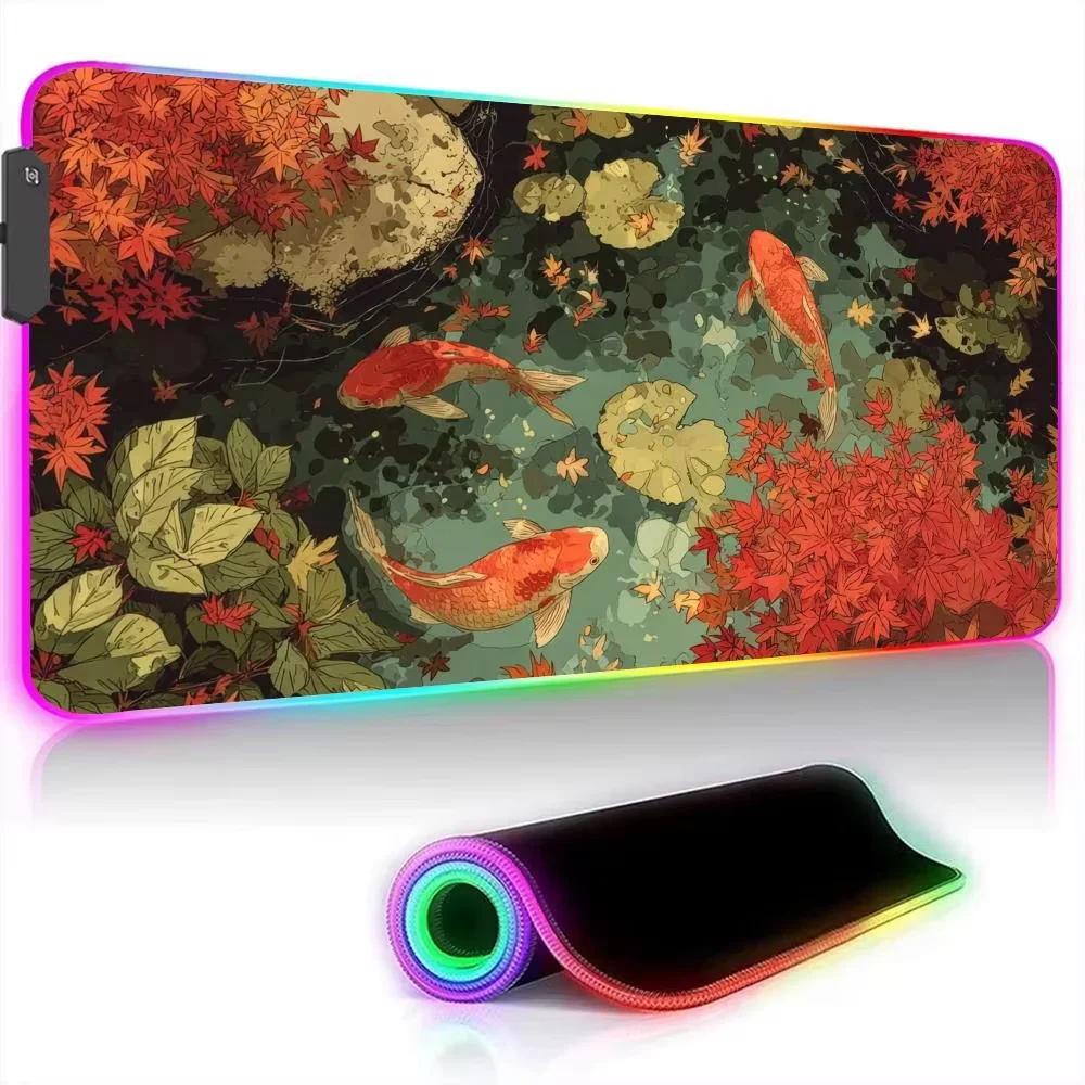 Fantasy Koi Fish Pattern Design RGB Mouse Pad Desk Mat Gaming rug pc accessories Keyboard Extended pad LED glow Gaming mouse pad