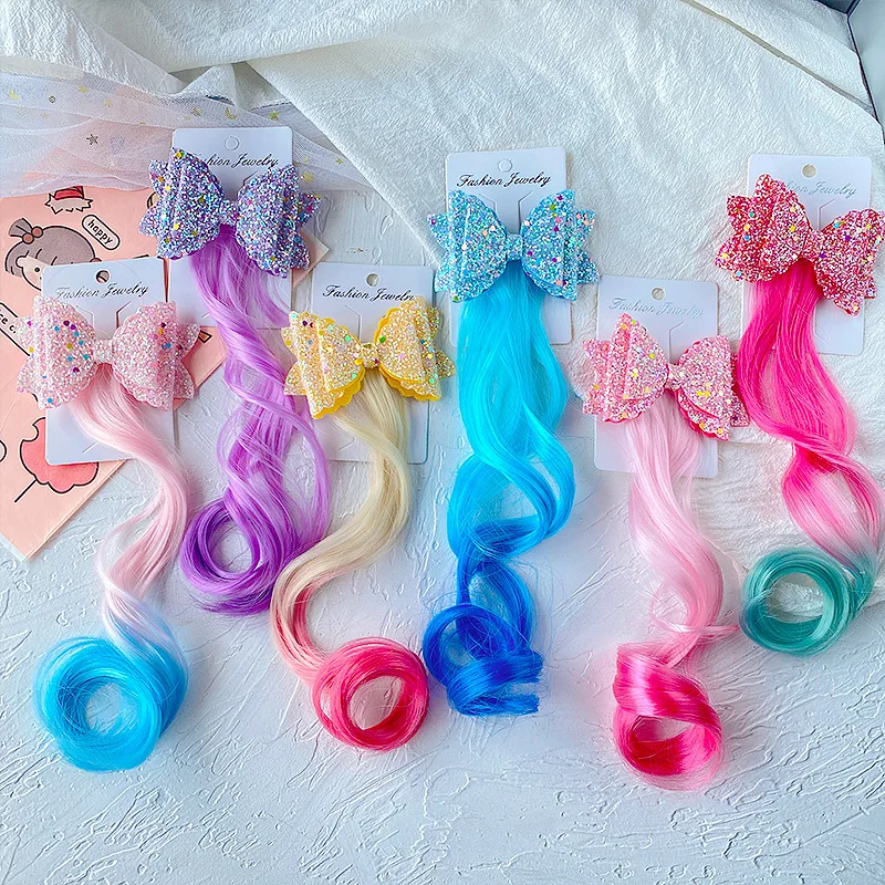 1PC Princess Cute Gradient Curly Hair Bowtie Wig Girls Hairpins Children Headwear Hairgrip Hair Clips Barrettes Hair Accessories