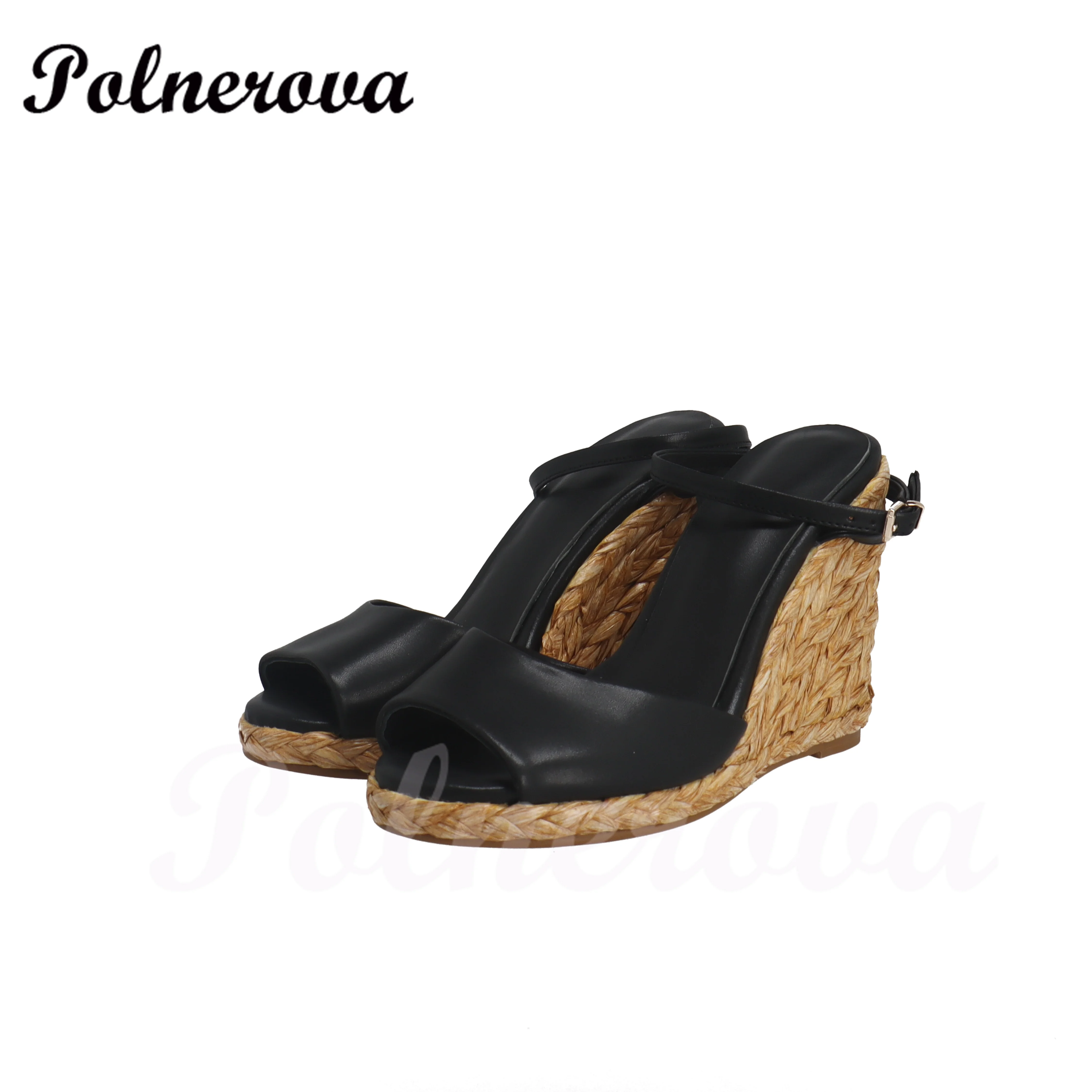 

Black Genuine Leather Wedge Espadrille Sandals Women Elegant Open Toe Slingback Sandals Casual Buckle Design Beach Shoes