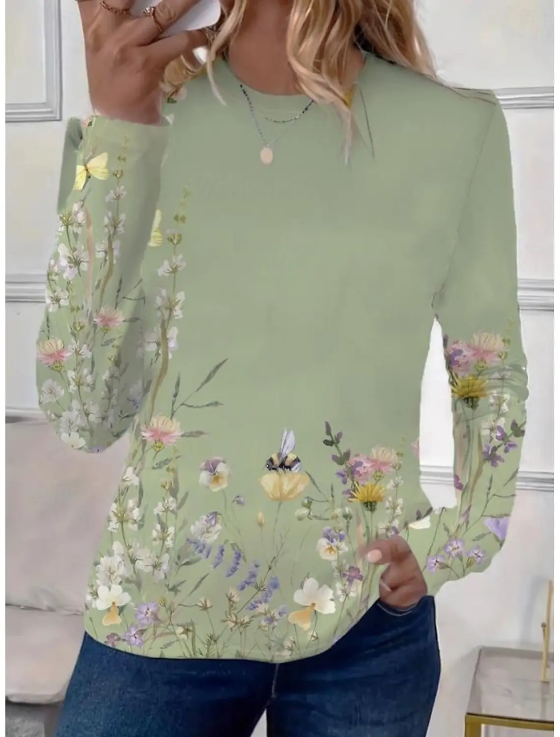 

2025 Fashion Women's Flower Graphic O-Neck Long Sleeve T-Shirt Y2K Casual Tops Womens Clothing Harajuku Female Clothing Pullover