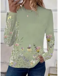 2025 Fashion Women's Flower Graphic O-Neck Long Sleeve T-Shirt Y2K Casual Tops Womens Clothing Harajuku Female Clothing Pullover