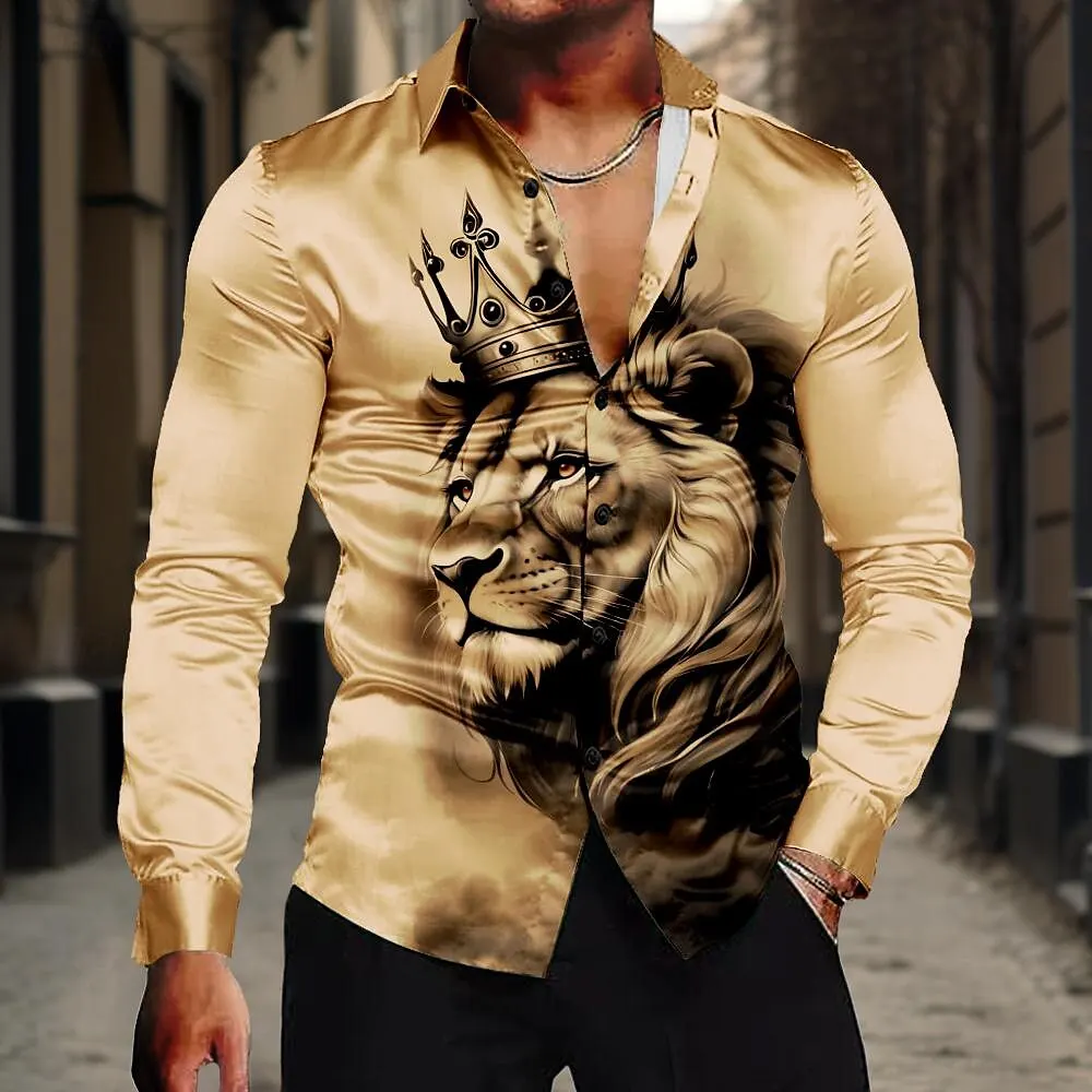 3D Printed Lion Graphic Men's Lapel Shirts Autumn Outdoor Casual Long Sleeve Clothes Fashion Design Breathable Comfortable Shirt