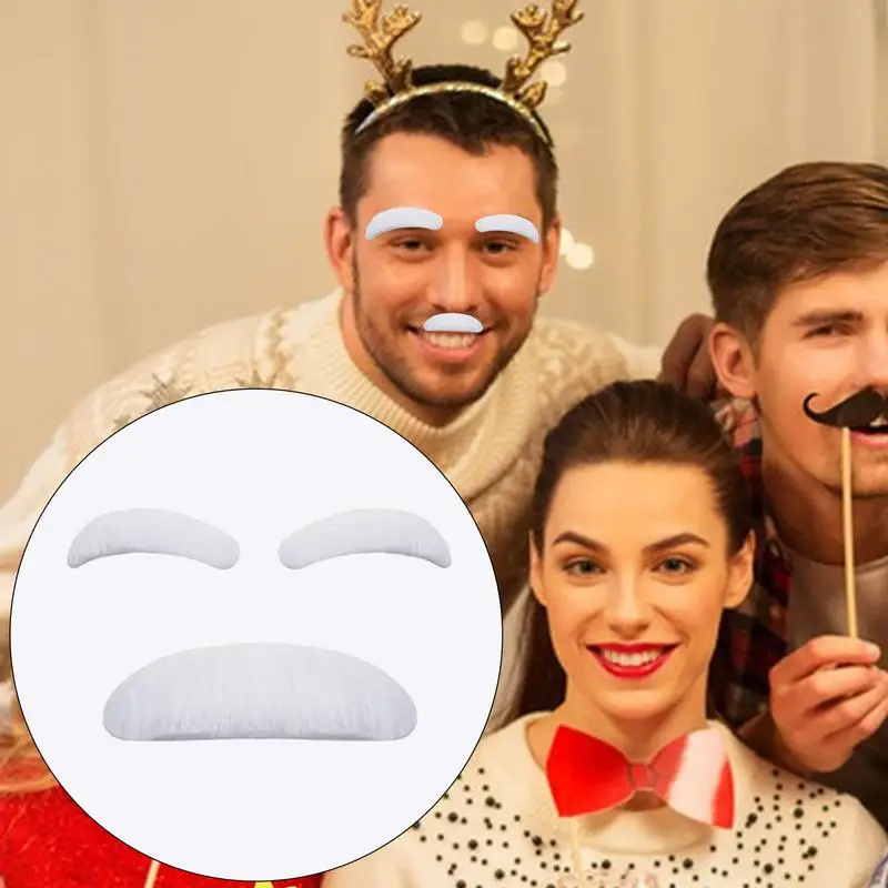 Old Man Mustache and Eyebrows Set Simulated Santa Claus Facial Hair Costume Old Man White Fake Mustache and Eyebrows Set view 3