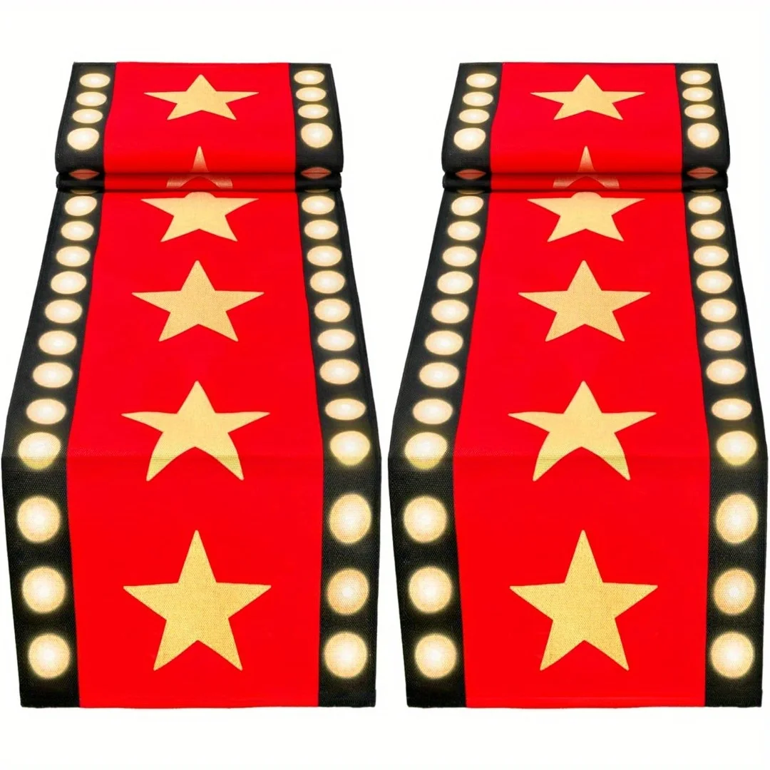 Gold Stars Movie Night Table Runner - Red Carpet Theme Rectangular Cover for Birthday Party Supplies & Banquet Table Decor