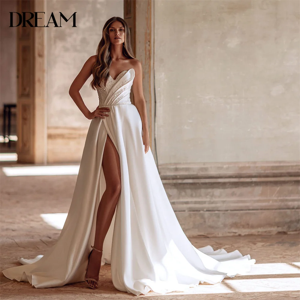 DREAM Modern A-Line Wedding Dress Pleat Satin V-Neck Lace Split Open Back Sleeveless Bridal Gown Vestidos De Noiva Customized