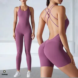 Plus Size Deep V Bodysuits Sports Women Gym Rompers Yoga Set Scrunch Legging Workout One-Piece Jumpsuit Suit Active Wear XP307