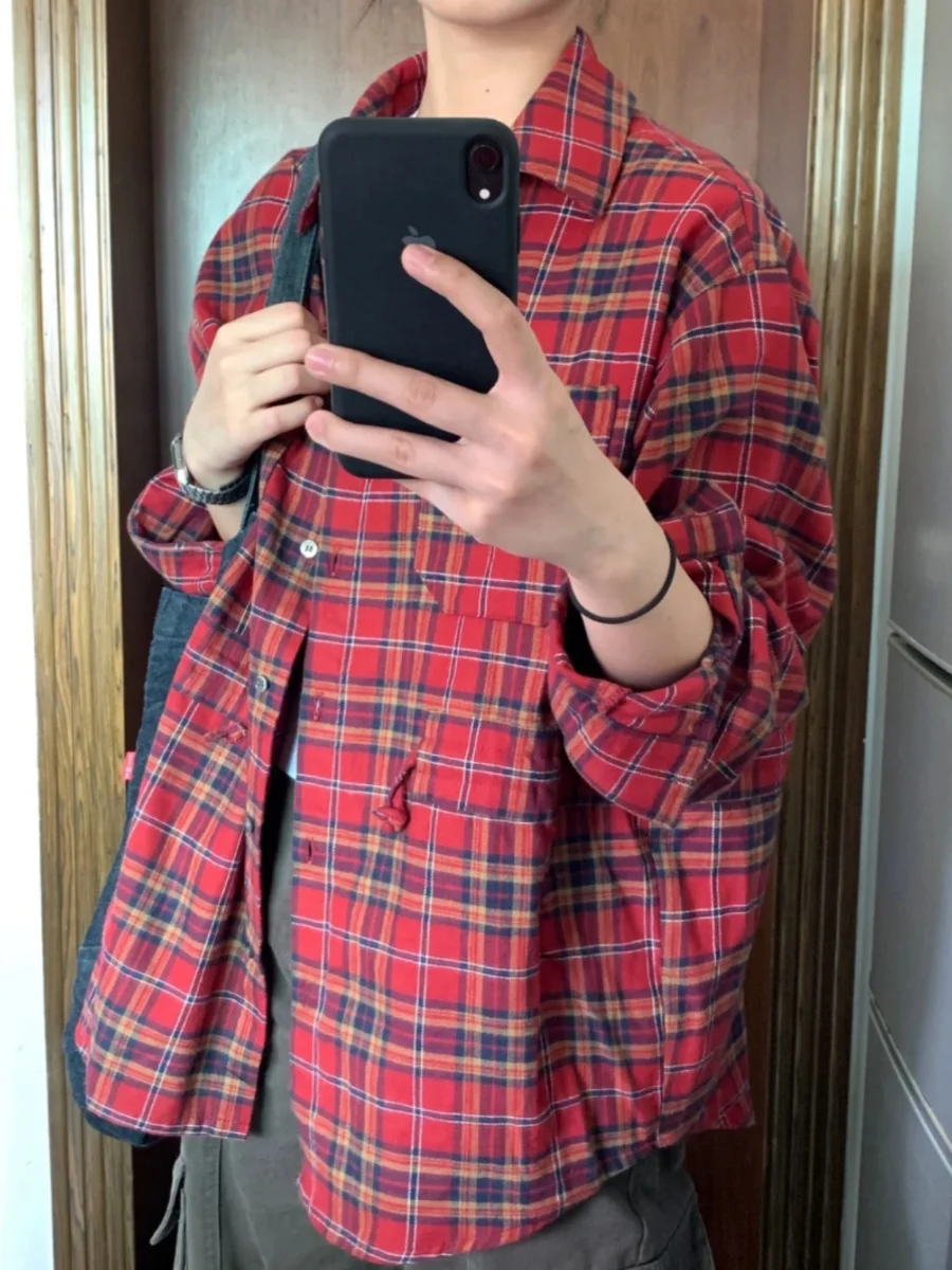 

American Retro Red Plaid Loose Long Sve irt Men Women Spring Boyfriend Sle Design Sense Top Coat Casual Busin