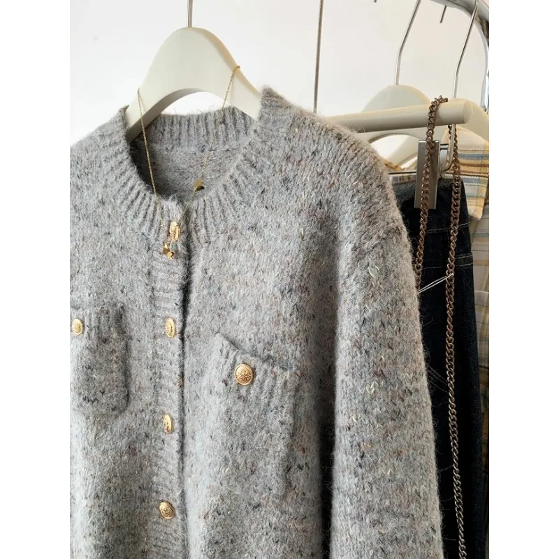 Korea Gold Buttons Grey Women Knit Cardigan Simple O-Neck Long Sleeve Sweater Coat Autumn Winter Office Lady Elegant Knitwear