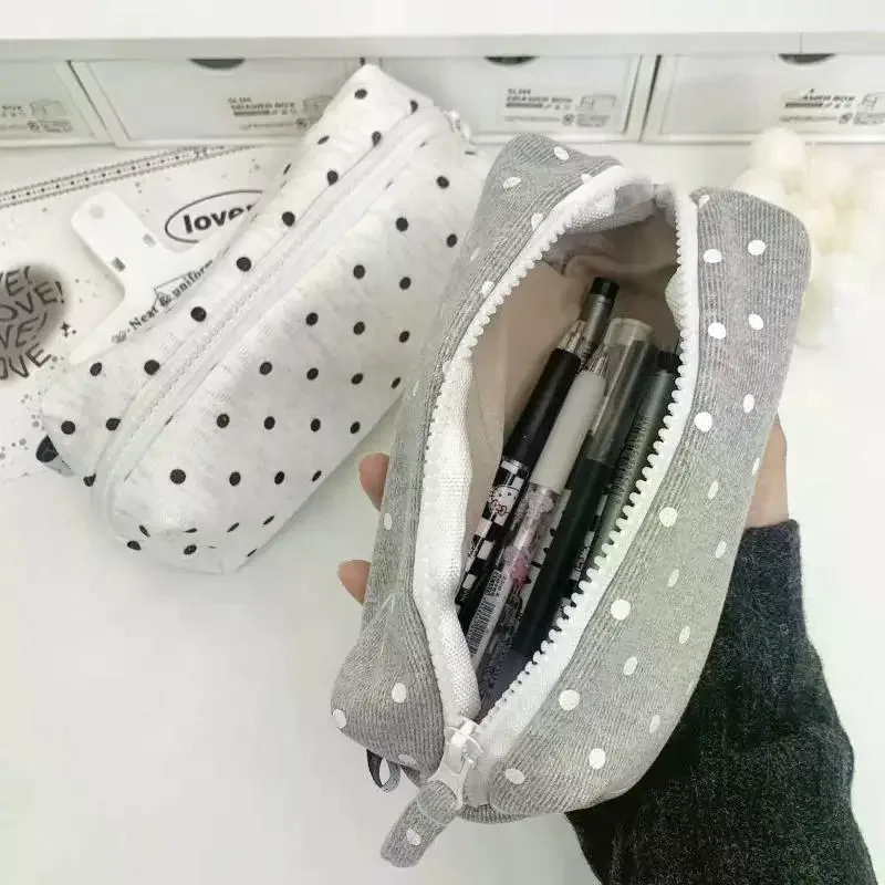 INS Korean Polka Dot Design Pencil Case Large Capacity Soft Touch Multi Functional Pen Bag For School Office