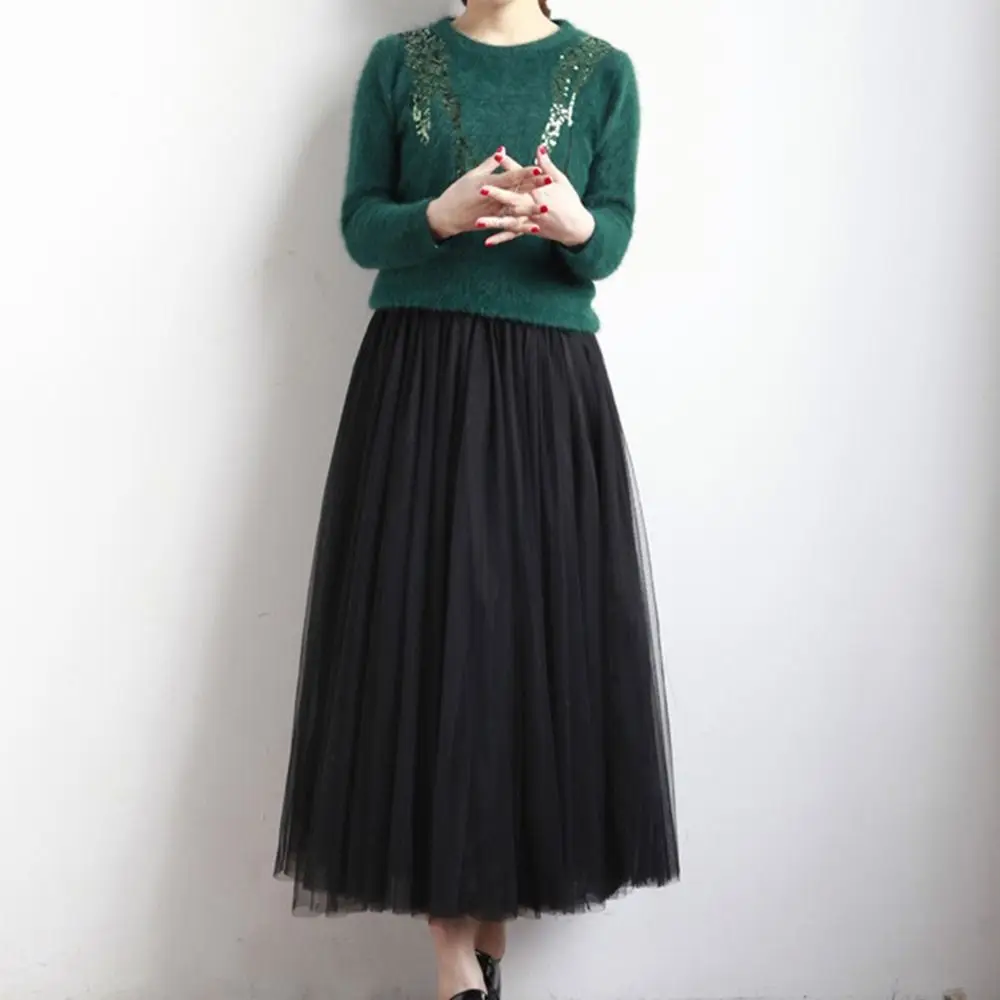 Fashion 3 Layered Mesh Tulle Skirt High Waist Retro Layered Dress Elastic Waist Pleated Skirt Party