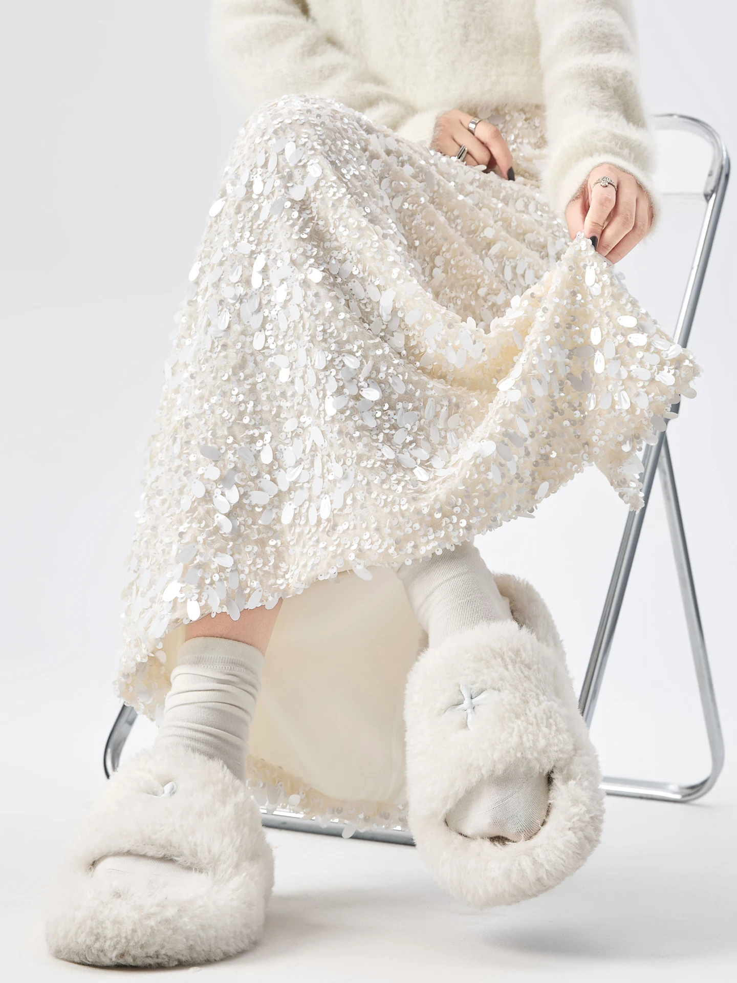 Spódnica z cekinami i frędzlami, damska, z wysokim stanem, o kroju litery A, prosty krój, z rozcięciem, łatwa w noszeniu, zimowa moda, spódnica damska.