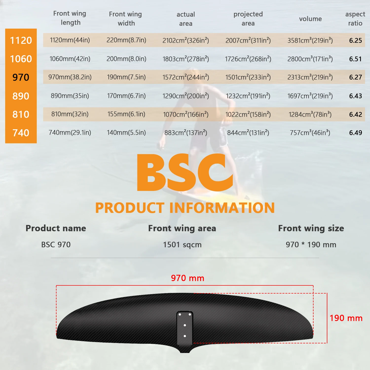 BSC 970 Hydrofoil Front Wing Wingfoil Intermediate Foilers Smooth Takeoff And Easy Handling Carbon Wing Progression And Control