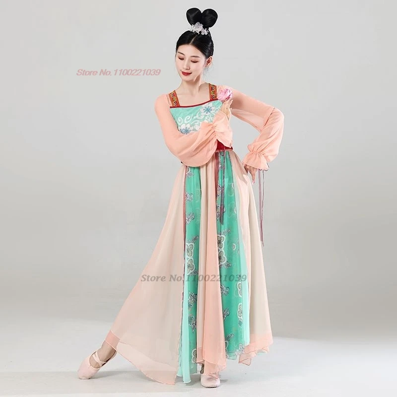 فستان رقص صيني عتيق لعام 2025 ملابس وطنية مطبوعة بالزهور من الشيفون hanfu + تنورة مهرجان فستان شعبي أداء المسرح