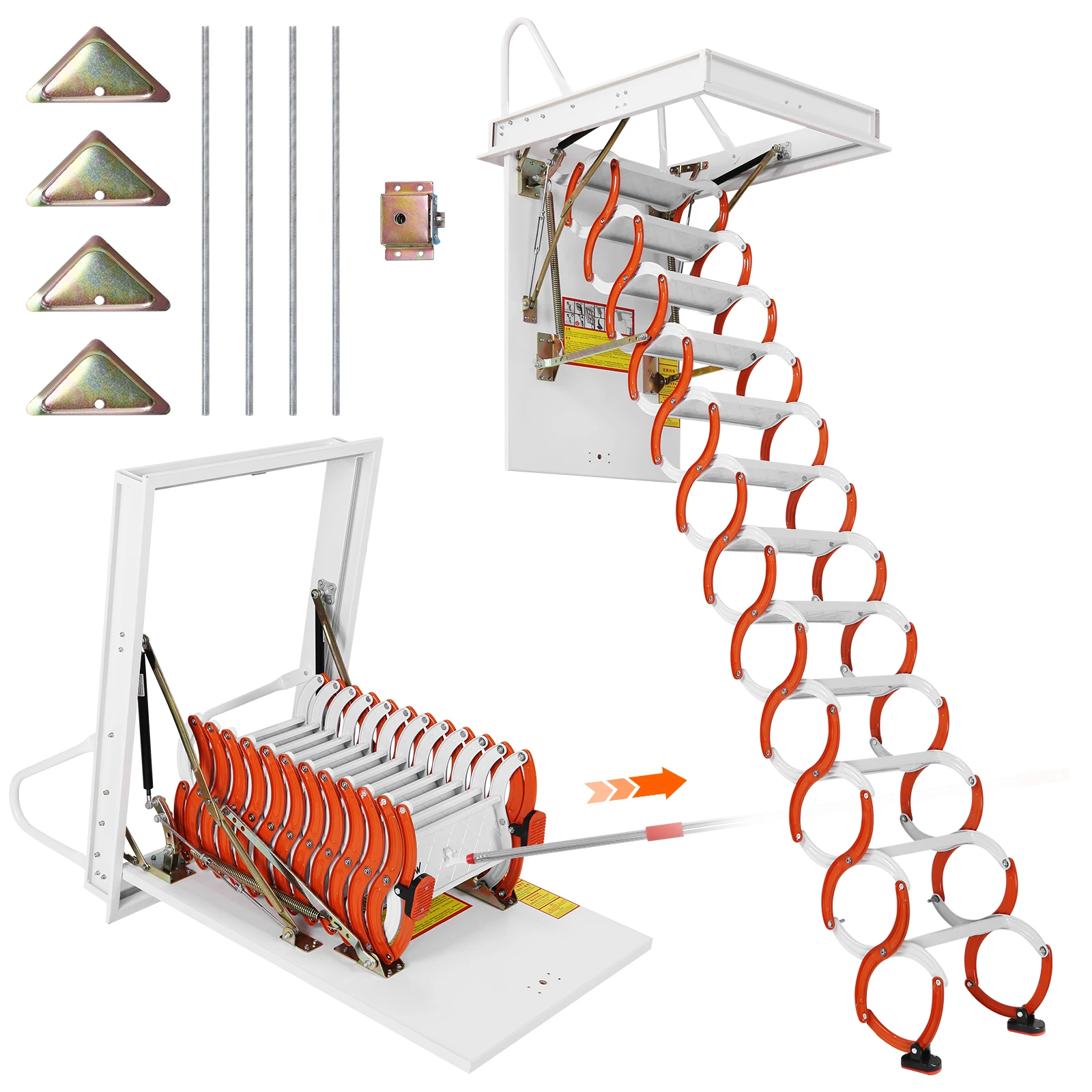 Attic Stairs Pull Down 12 Steps, 10.17FT Retractable Alloy Attic Folding Stairs Loft Ladder Wall Mounted with Pull Rod