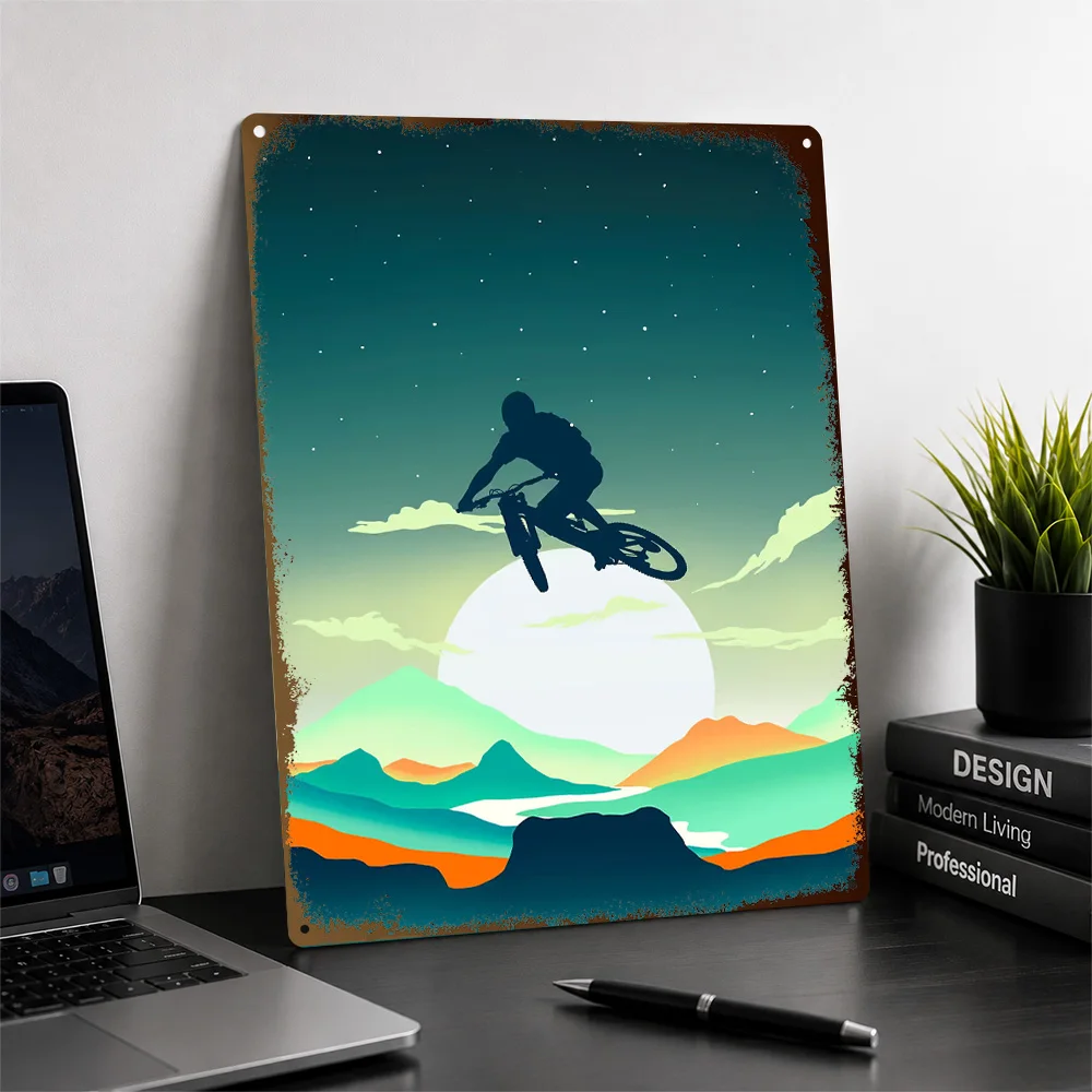 Mountain Bike Textured Poster Personalized Metal Tin Sign Dynamic Sports Scene Wall Art Enhances Home Gyms And Fitness Studios