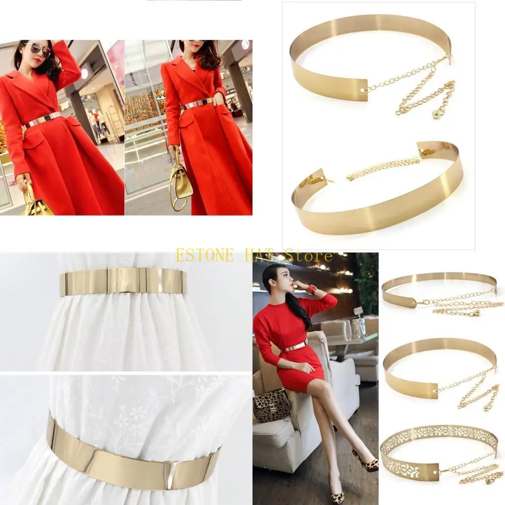 49MF Shiny Polished Belt Women Metal Belt Gold Waistband Adjustable Dress Belt
