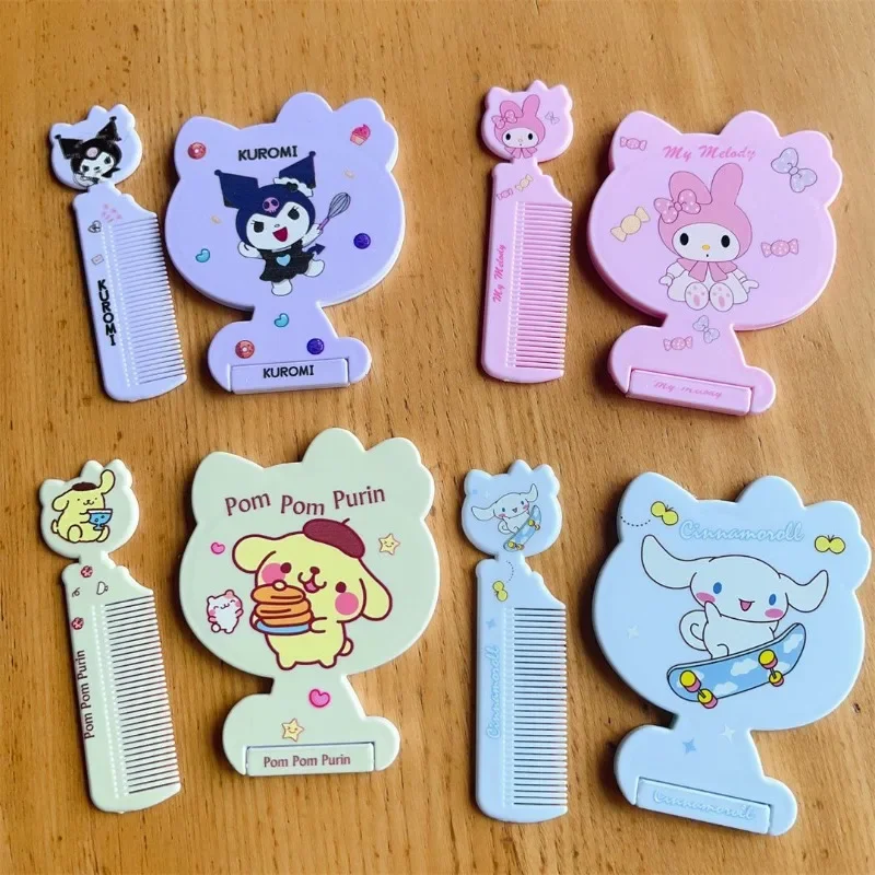 

Sanrio Anime Cartoon Innovation Kuromi My Melody Cinnamon Roll Favorite Portable Comb Folding Single Sided Makeup Mirror Gift