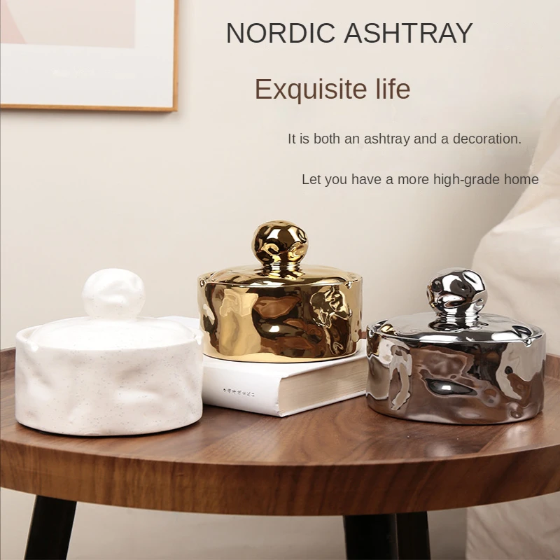 Nordic minimalist ceramic ashtray home living room with cover anti-fly ash personality designer silver ashtray