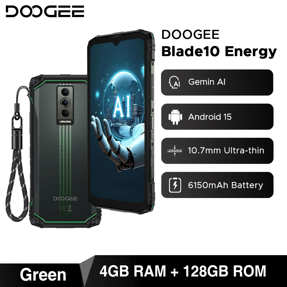 DOOGEE Blade10 Energie Robuuste telefoon Android 15 Gemini AI 10,7 mm Ultradunne 6150 mAh batterij 6,56 '' scherm Widevine L1 mobiele telefoon