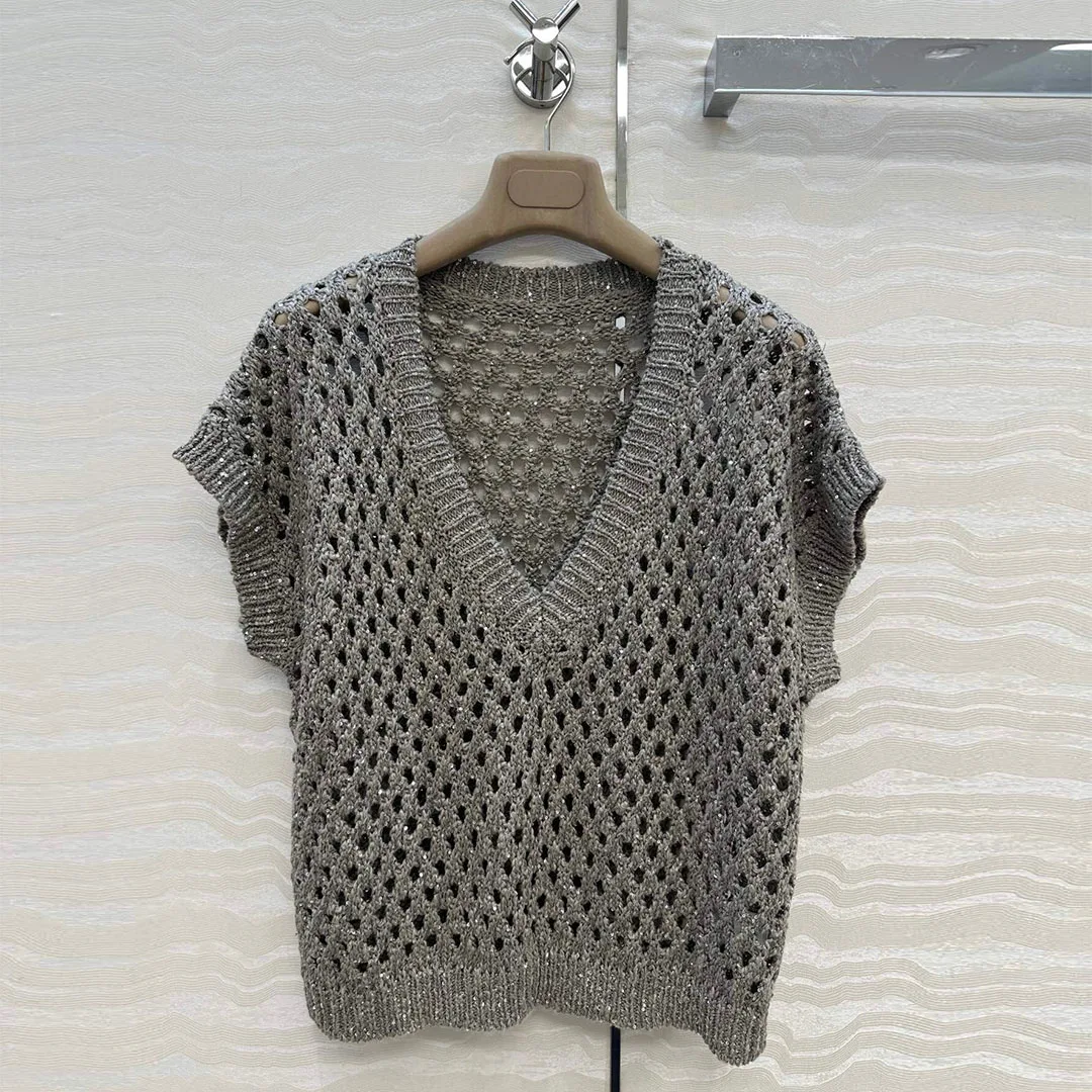 

Old Money Style Sequins Hollow Out Crochet Silk Linen Knitting Women Pullover V-neck Batwing Short Sleeve Loose Casual Sweater
