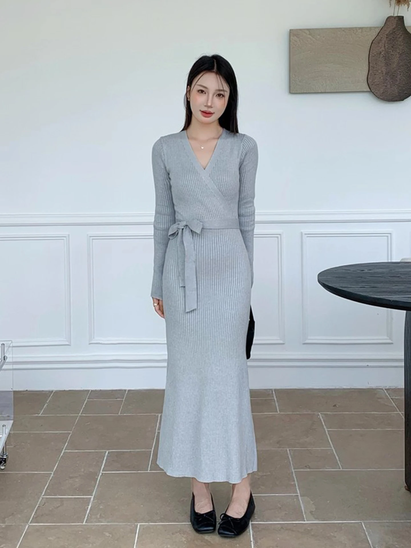 Ele V-Ne Ruched محبوك الدكتور المرأة الخريف الشتاء التخسيس تنورة طويلة التفاف الدكتور مريحة صالح Busin عادية Dr