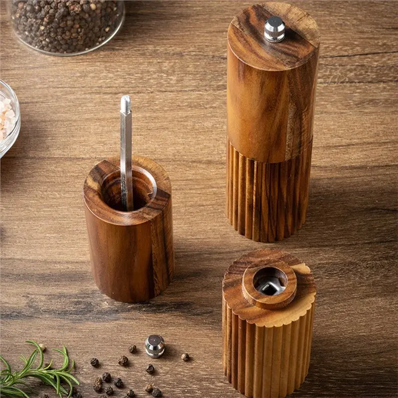 ABRU-6 Inch Round Cover Wood Pepper Grinder, Manual Striped Solid Wood Spice Mill For Black Pepper Sea Salt Home Kitchen