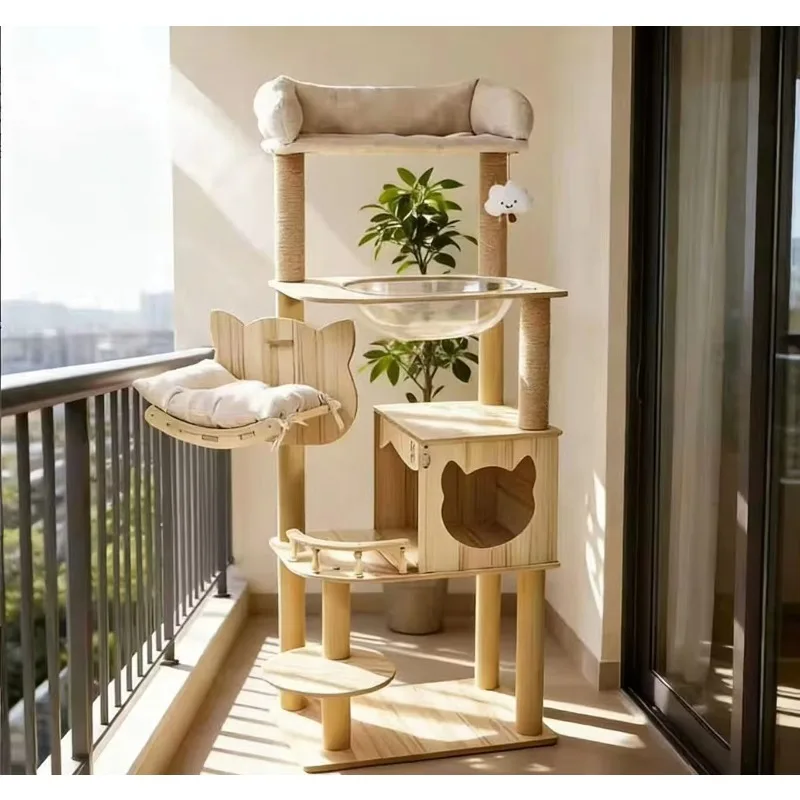 

Cat Climbing Frame Cat Tree Integrated Large Wooden Cat Stand House Scratching Post Space-Saving Space