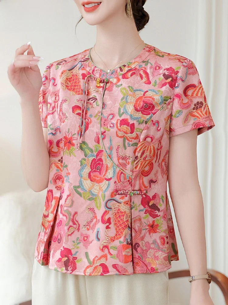 

Новый китайский летний комплект: топ с коротким рукавом и брюки для женщин среднего и старшего возраста, модный свободный крой, полиэстер.