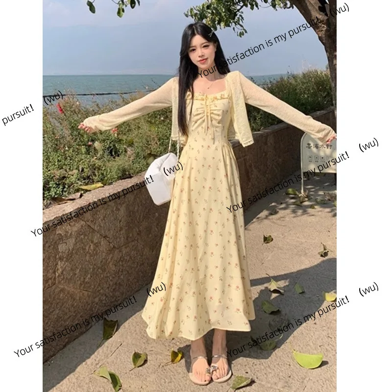

Французское желтое платье на подтяжках с цветочным принтом, летнее платье большого размера, толстое мм, тонкое летнее красивое длинное платье