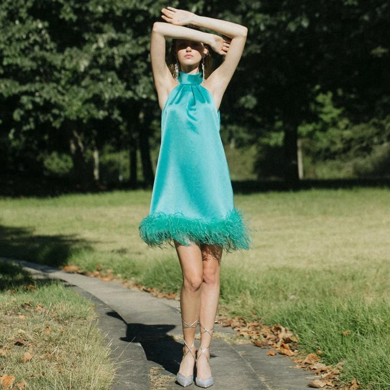 2023 Turquoise Satin Short Women Summer Dresses Chic Sleeveless Feather Edge Mini Party Gowns A-line Taffeta Homecoming Dress