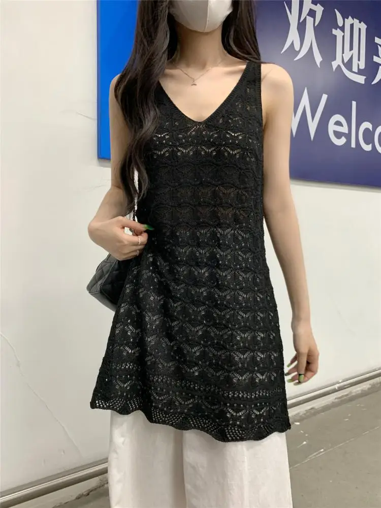

Women's Black Beige V Neck Sexy Hollow Out Crochet Knitted Vest Mini Dress Summer Yellow Sleeveless Short Dress Fashion Vacation