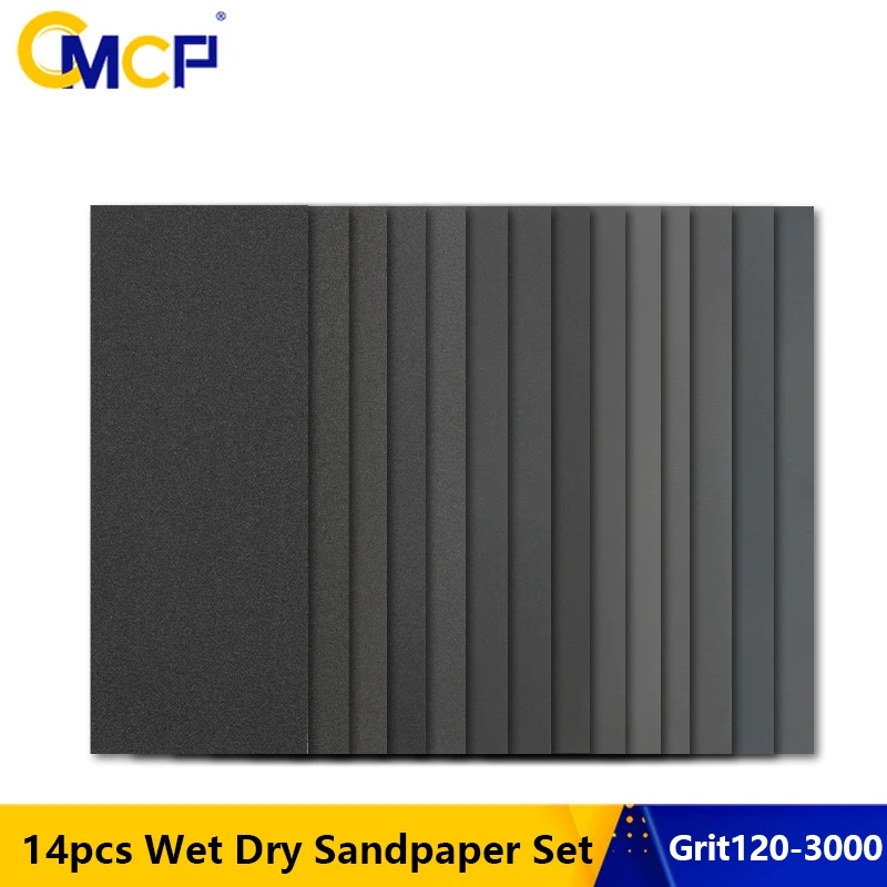 CMCP 14pcs Sandpaper Set Wet/Dry Sanding Paper 120-3000 Grit Assorted Abrasive Sheet for Metal Glass Car Polishing