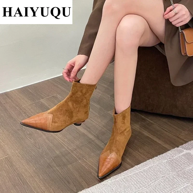 Pointed Toe Women Ankle Boots Fashion Heels Shoes Autumn Winter 2024 Trend Suede Chelsea Short Boots New Brand Snow Botas Mujer