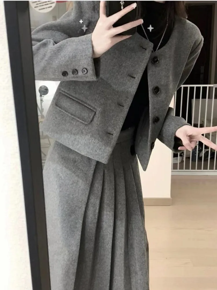 UNXX Set da donna in lana manica lunga Blazer corto cappotto a vita alta gonne Midi pieghettate abiti autunno inverno elegante gonna da donna Set