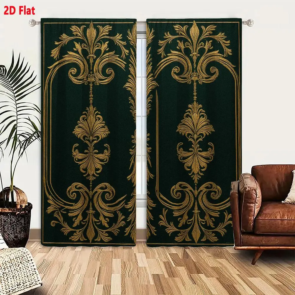 2Pcs Curtains 2D Flat Baroque Gold Ornate Pattern On Deep Forest Green Background For Wallpaper And Fabric Window Drapes for Bed