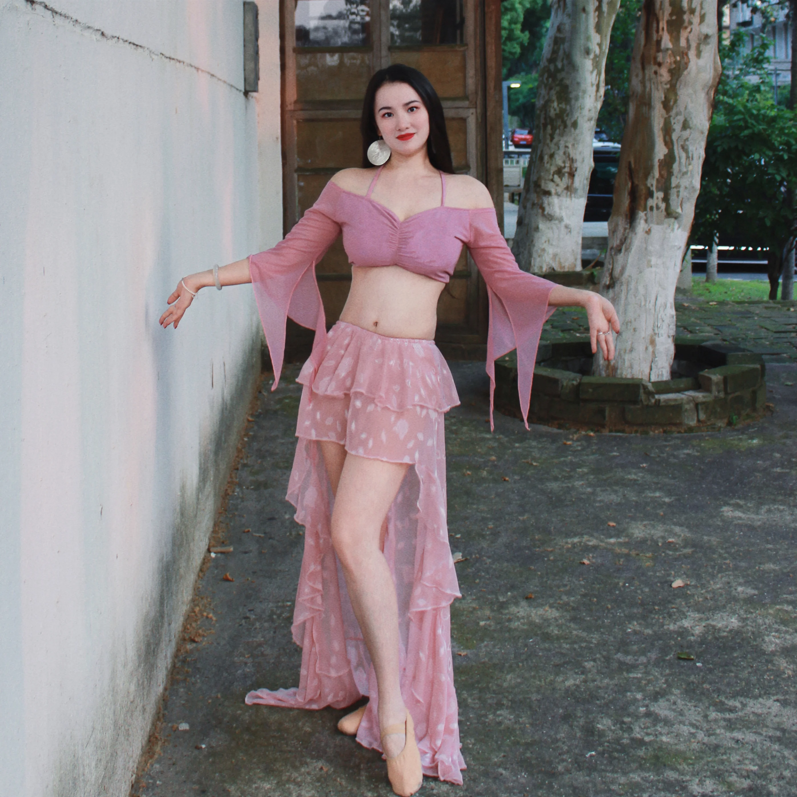 Dry Belly Dance Outfit Pink Slimming Skirt Large Swing Performance Suit Beginner Friendly Ele Sle Milk Silk Fabric
