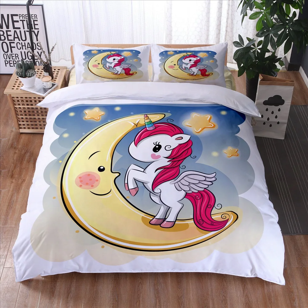 Kids Cartoon Linen Bedding Set for Children Baby Crib Duvet Cover Set Pillowcase Blanket Quilt Cover 140x200 Blue Unicorn